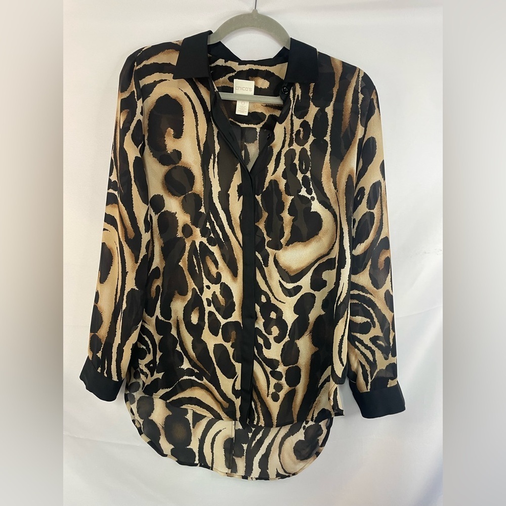 Chicos leopard print buiseness style sheer blouse with black cuffs